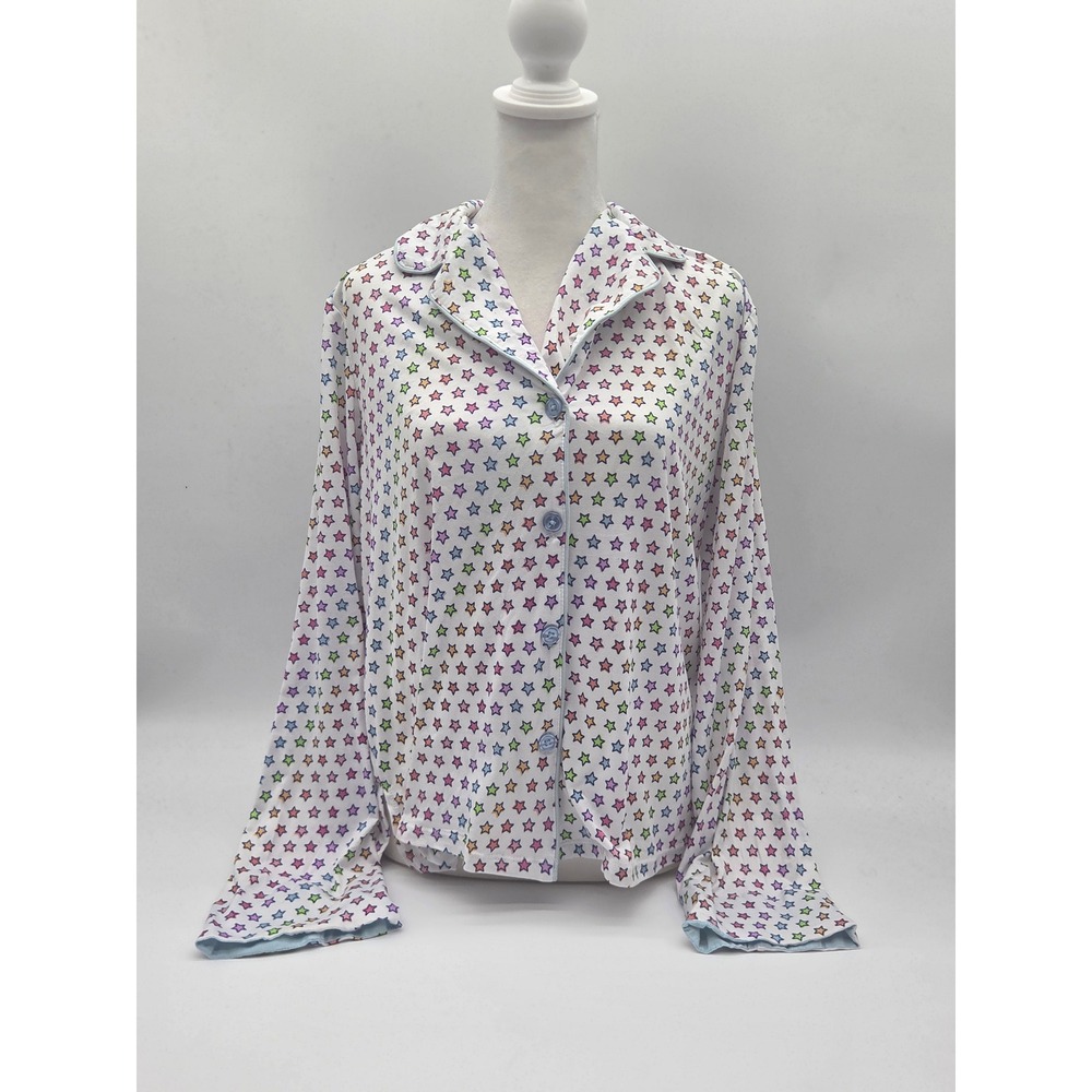 Beauty Sleep Social White Rainbow Star Print Button Front Pajama Top NWT